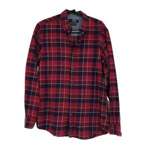 Simons le 31 red navy button down plaid flannel semi fit long sleeve Med